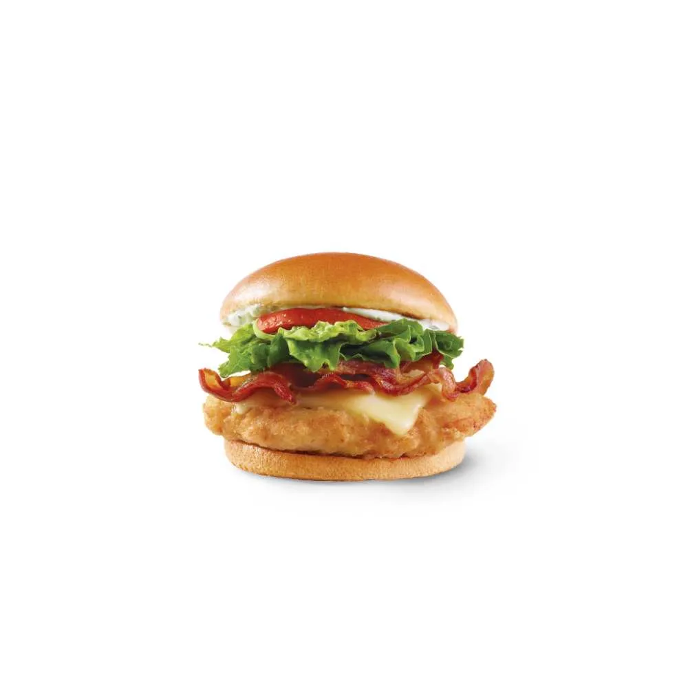 Wendy's crispy chicken BLT sandwich with smoky bacon lettuce and tomato on toasted bun