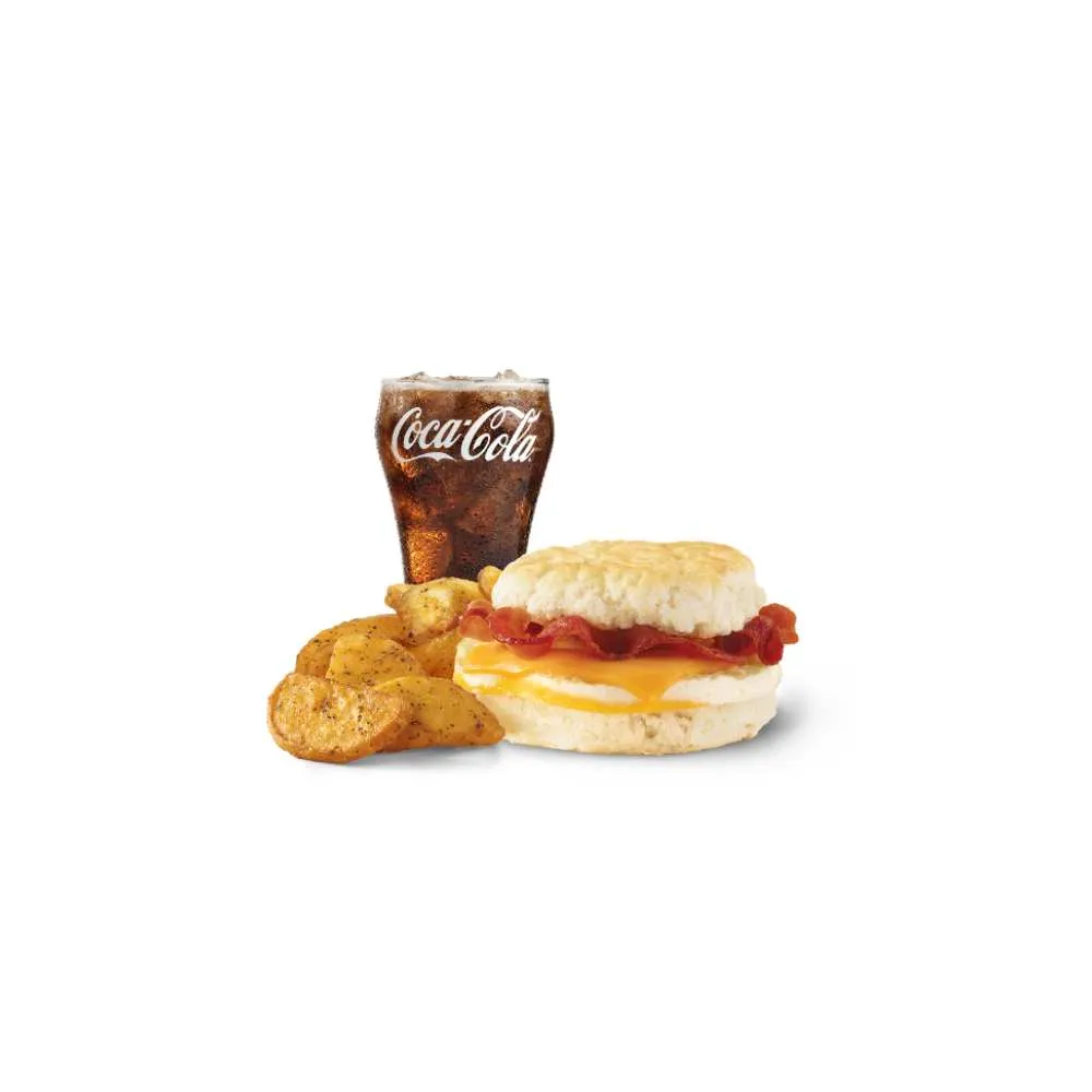 Wendy's bacon egg cheese biscuit combo with seasoned potatoes and Coca-Cola drink