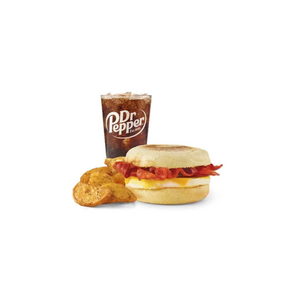 Wendy's bacon egg cheese English muffin combo with crispy potatoes and Dr Pepper drink