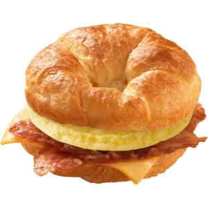 Wendy's bacon egg and swiss croissant sandwich with flaky golden croissant bun front view