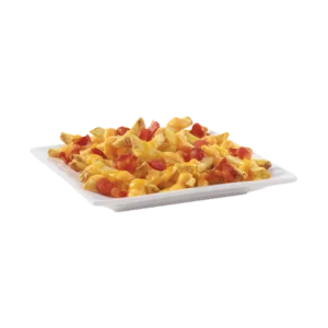 Wendy's Baconator fries loaded with cheese sauce and crispy bacon pieces on a white plate