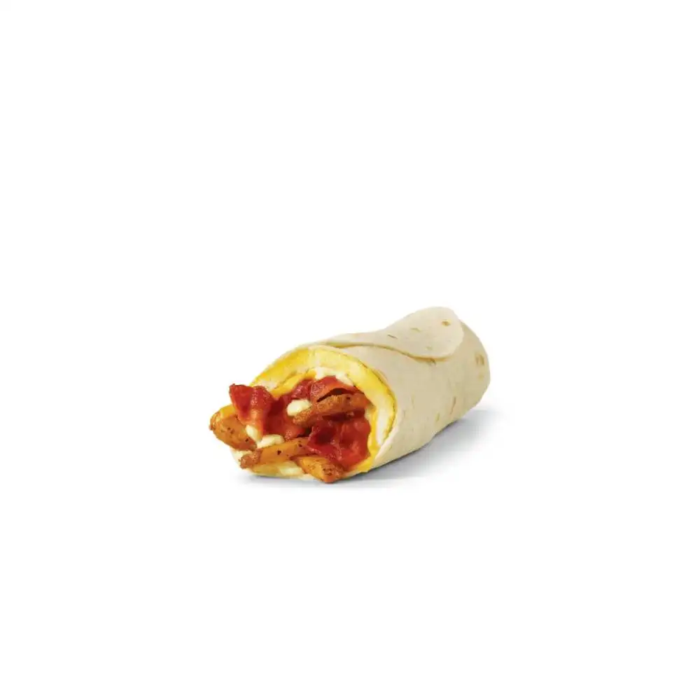 Wendy's bacon breakfast burrito filled with scrambled eggs cheese and fresh salsa in flour tortilla