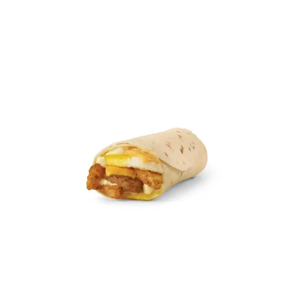 Wendy's sausage breakfast burrito with scrambled eggs and cheddar cheese wrapped in soft tortilla