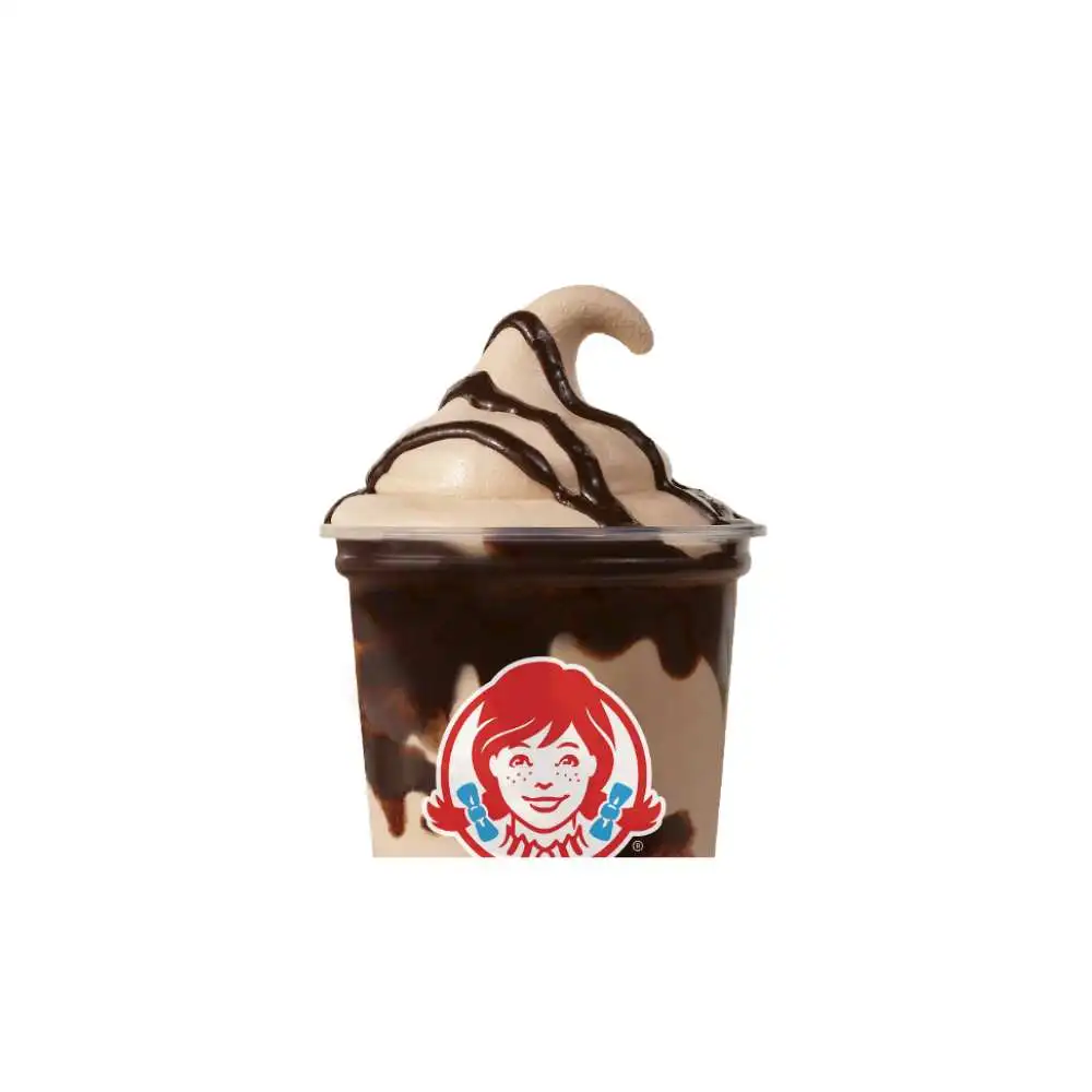 Wendy's brownie batter chocolate frosty swirl with rich chocolate sauce drizzled over vanilla frosty
