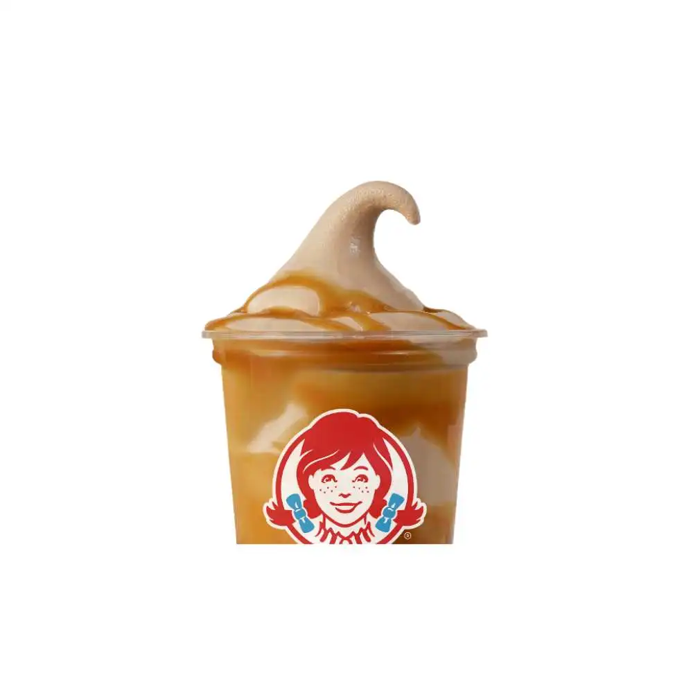 Wendy's caramel frosty swirl with golden caramel drizzle in a branded cup