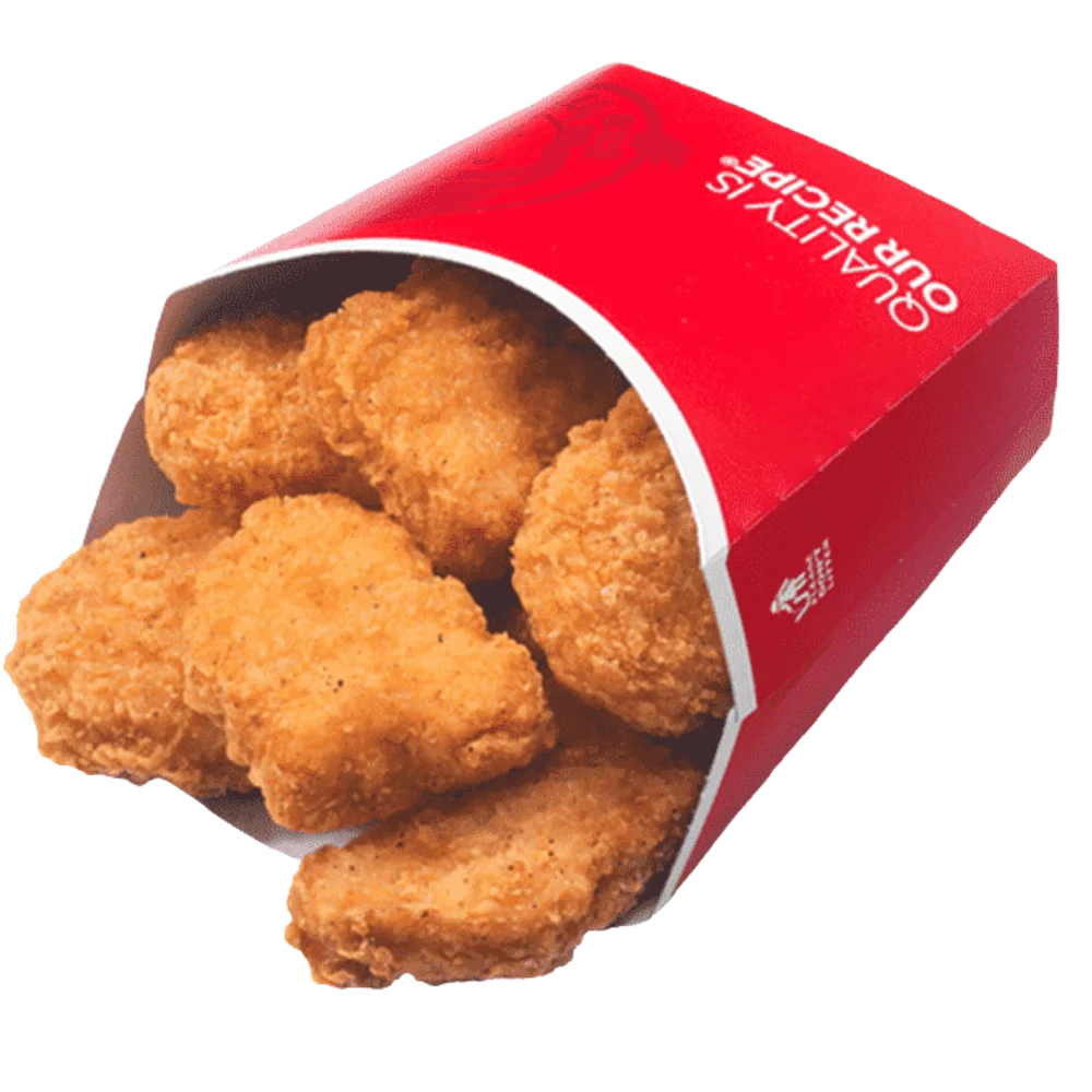 Wendy's 4 pc crispy chicken nuggets spilling out of a red Quality Is Our Recipe box
