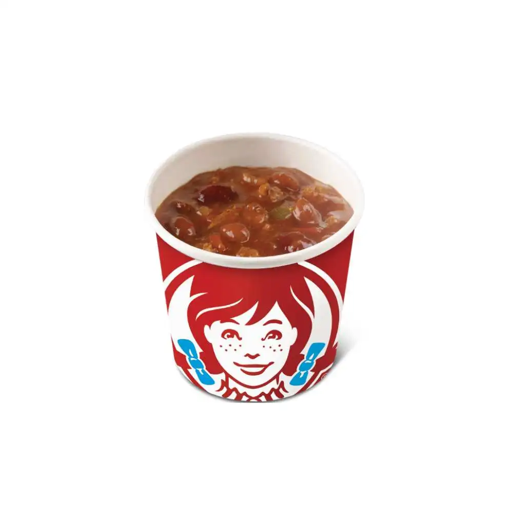 Wendy's classic beef chili served hot in a Wendy's branded red cup
