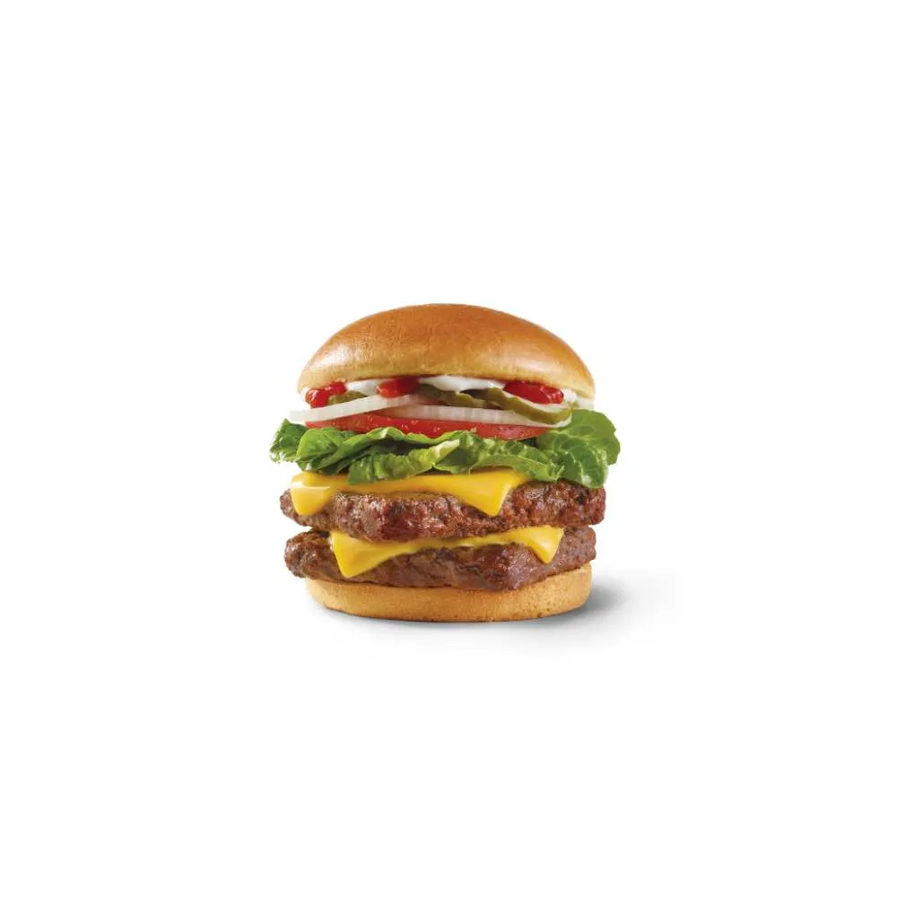 Wendy's Canada Dave's Double burger – half-pound fresh never-frozen beef with two stacked patties, double melted American cheese, fresh crisp lettuce, juicy tomato, onion slices, and classic condiments on a toasted bun, hearty double cheeseburger favorite from the menu for big appetites