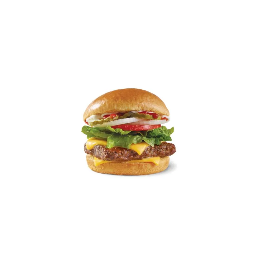 Wendy's Canada Dave's Single burger – quarter-pound fresh never-frozen beef patty layered with melted American cheese, fresh crisp lettuce, ripe tomato slices, diced onion, and tangy ketchup mayo on a soft toasted bun, classic signature menu item bursting with flavor