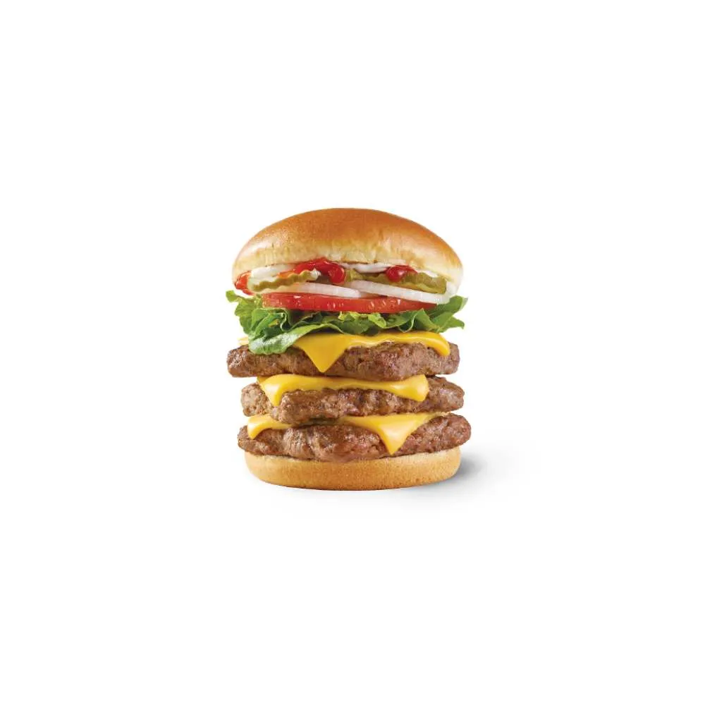 Wendy's Canada Dave's Triple burger – three-quarters pound fresh never-frozen beef with three stacked patties, triple melted American cheese, fresh crisp lettuce, juicy tomato, onion slices, and classic ketchup mayo on a toasted bun, massive hearty cheeseburger for serious hunger from the menu