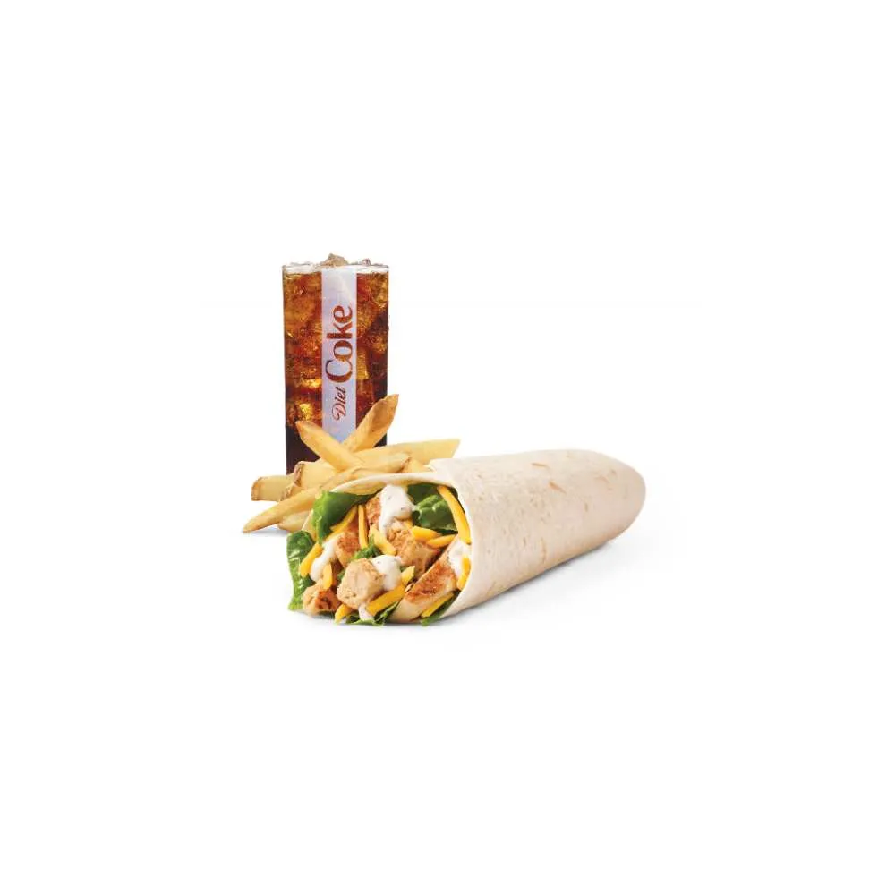Wendy's grilled chicken ranch wrap with fresh lettuce and creamy ranch sauce in soft flour tortilla