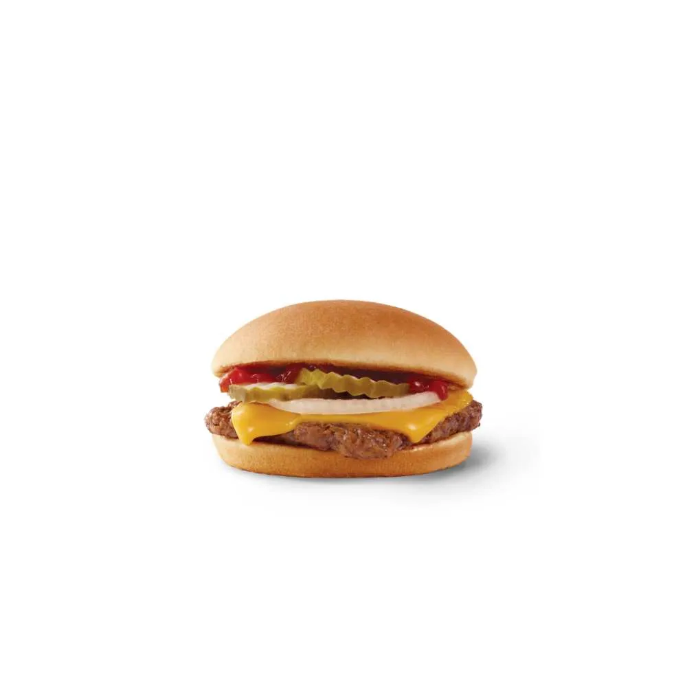 Wendy's Canada Jr. Cheeseburger – fresh never-frozen beef patty with melted American cheese, crunchy pickles, diced onions, ketchup and mustard on a soft toasted bun, classic value burger from the menu
