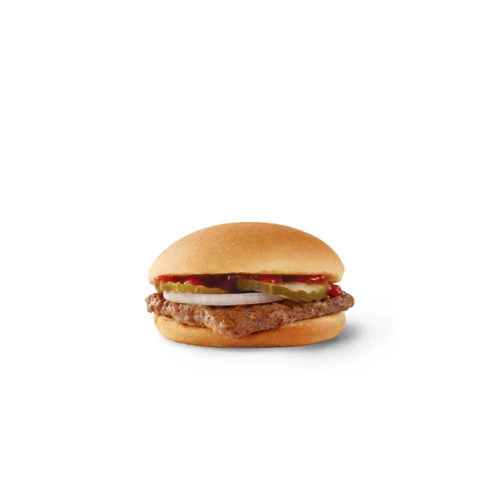 Wendy's Canada Jr. Hamburger – fresh never-frozen beef patty topped with crisp onions, ripe tomato, and tangy ketchup on a soft toasted bun, simple classic fast food burger from the menu