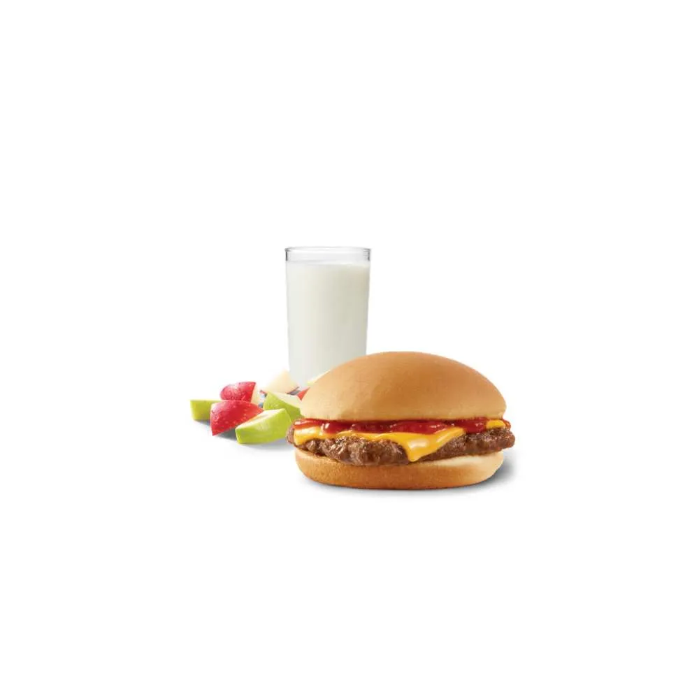 Wendy's kids meal with junior cheeseburger fresh apple bites and cold milk