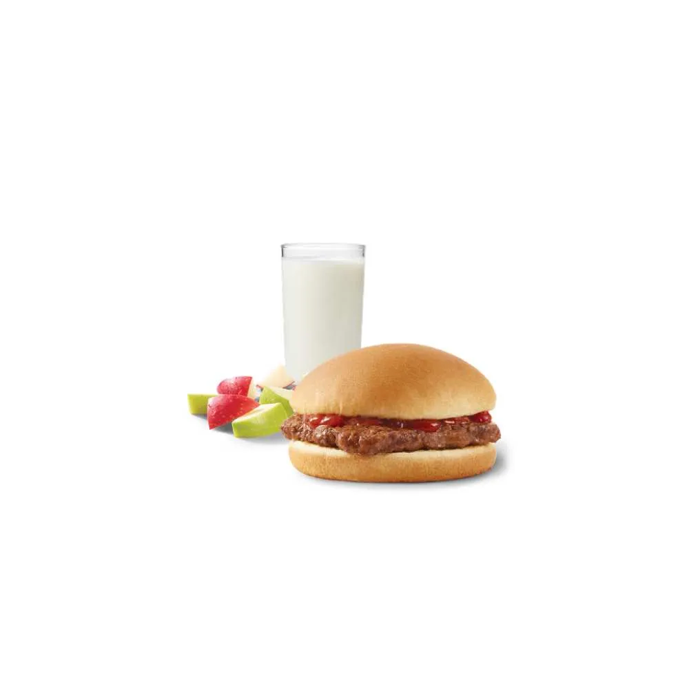Wendy's kids hamburger meal with plain burger apple bites and glass of cold milk