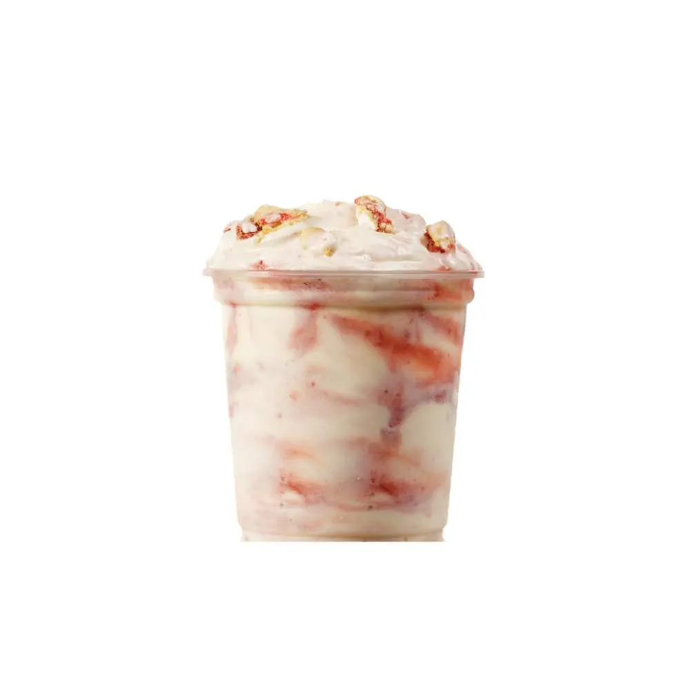 Wendy's strawberry frosty fusion with creamy vanilla base strawberry swirl and crunchy toppings