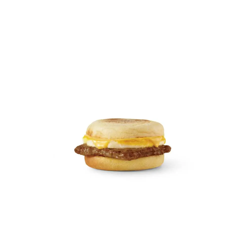Wendy's sausage patty with egg and melted cheddar cheese layered inside toasted English muffin