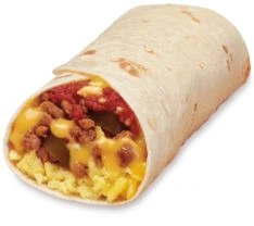 Wendy's breakfast burrito stuffed with sausage seasoned potatoes egg and cheese on wooden surface