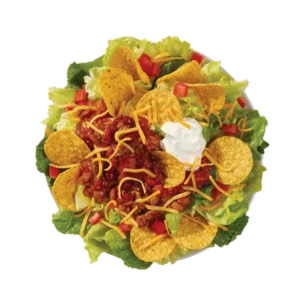 Wendy's taco salad with seasoned beef chili shredded cheese tortilla chips salsa and sour cream