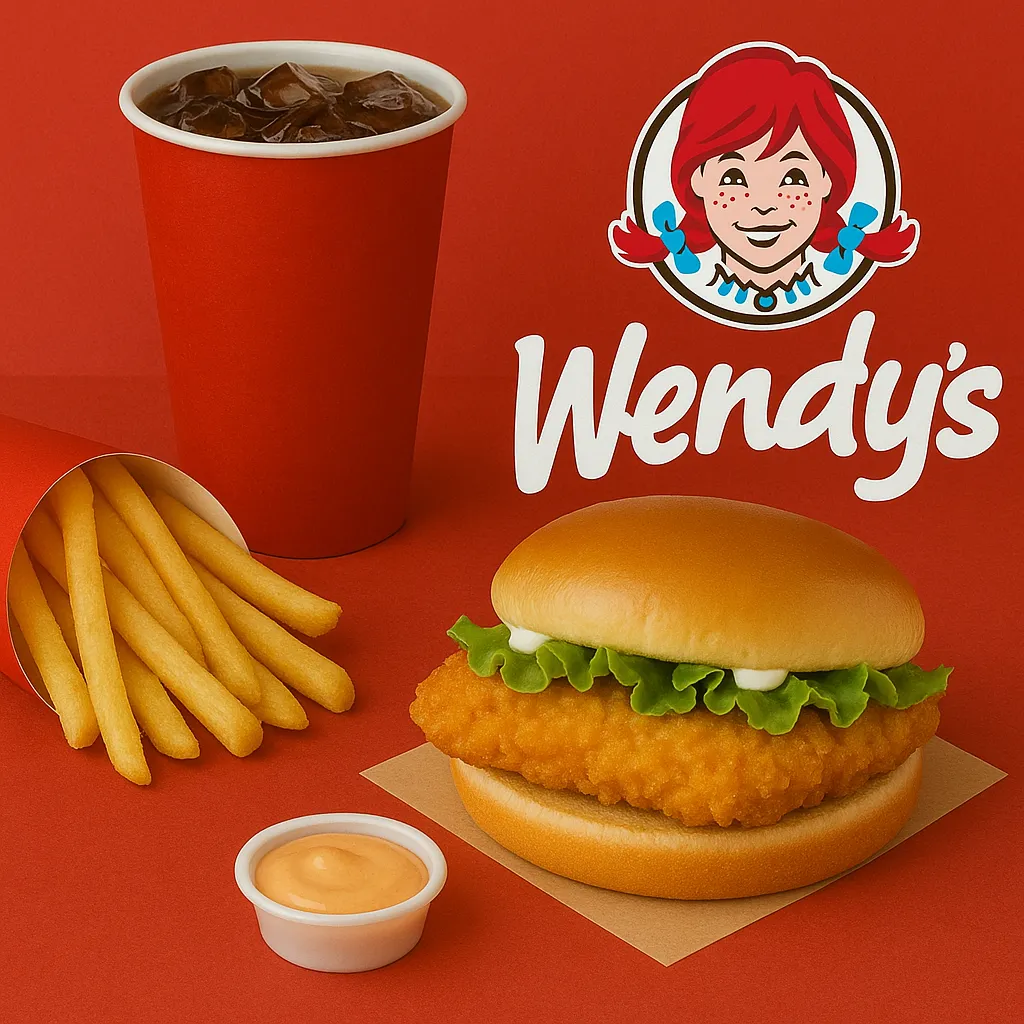 Wendy's crispy chicken biggie bag with fries cold drink and dipping sauce on red background